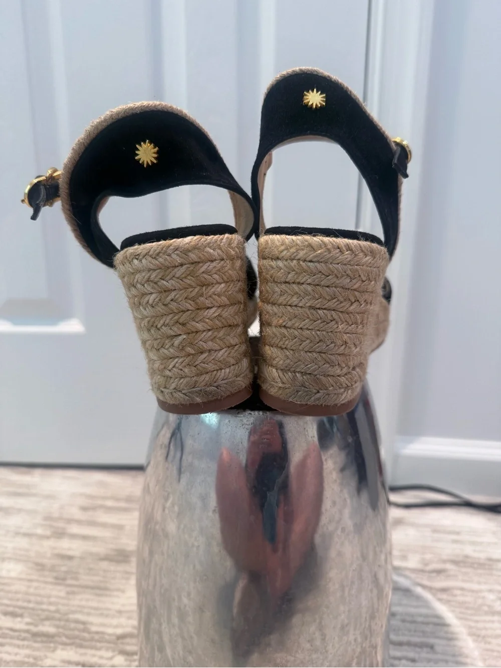 Stuart Weitzman Black Suede Espadrille Wedge Sandals with Ankle Strap - Picture 6 of 9